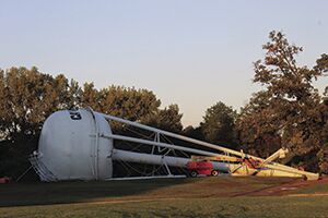 The water tower comes down